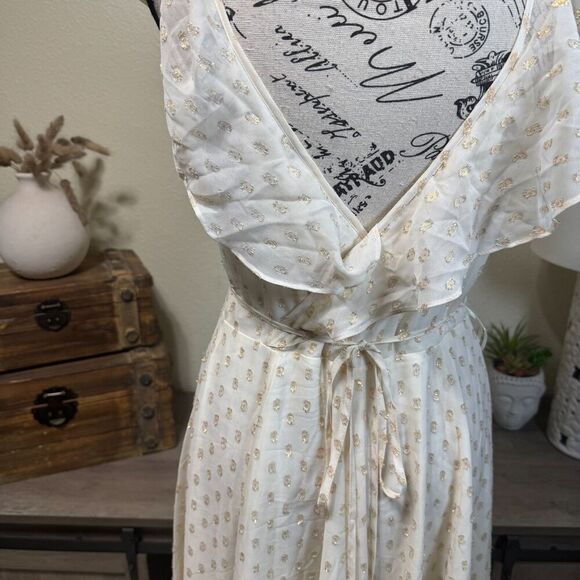 Yumi Kim Iris Ivory/Gold Swiss Dot Lurex Maxi Wrap Dress Ruffle Formal Size S - Picture 7 of 11